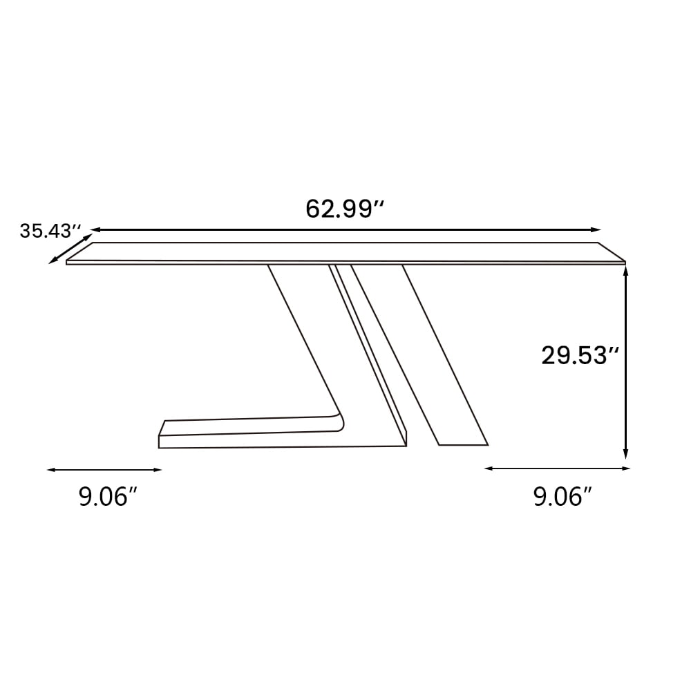 POVISON 63"Modern Luxury White Rectangular Dining Room Table for 4, Glossy Sintered Stone Tabletop, White and Black Z-shaped Stainless Steel Base