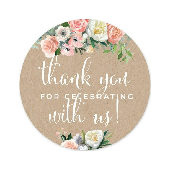 Peach Coral Kraft Brown Rustic Floral Garden Party Wedding, Circle Gift Tags, Thank You for Celebrating, 24-Pack