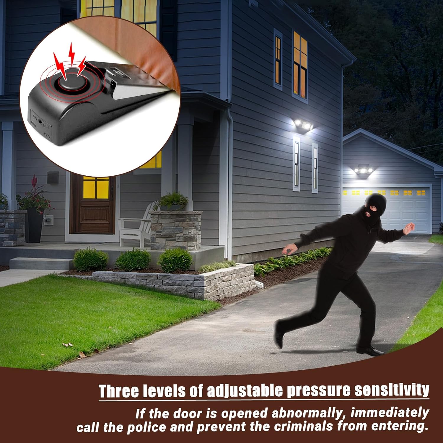 ABCISI 3 Pack Door Stop with 120DB Security Alarm, Portable Floor Wedge Doorstop, 3 Sensitivity Levels, Non-Skid Design for Travel, Home, Hotel, Send Goods from Local Warehouse