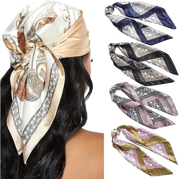 AWAYTR Silk Scarves 4 Pcs Satin Square Head Scarves 60cm Women Print Silk Like Neck Scarf Hair Sleeping Wraps Hair kerchief