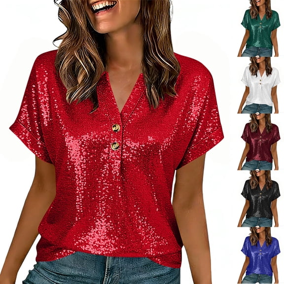 Miluxas Women Sparkly Sequin Tops Short Sleeve Dressy V Neck Sparkly Casual Blouse Party Tee Shirts Tunic Blouse White