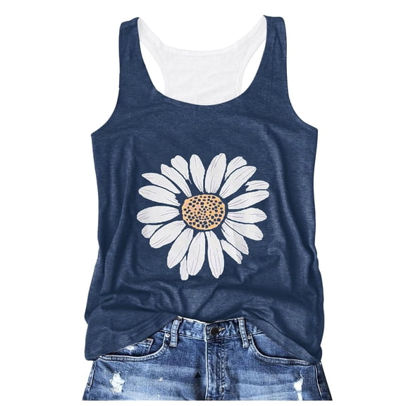Wang6 Women Workout Loose Fit Tank Tops Trendy Sleeveless Floral Printed Cami Shirts Plus Size Crew Neck Racerback Summer Top Graphic Tees Navy XL