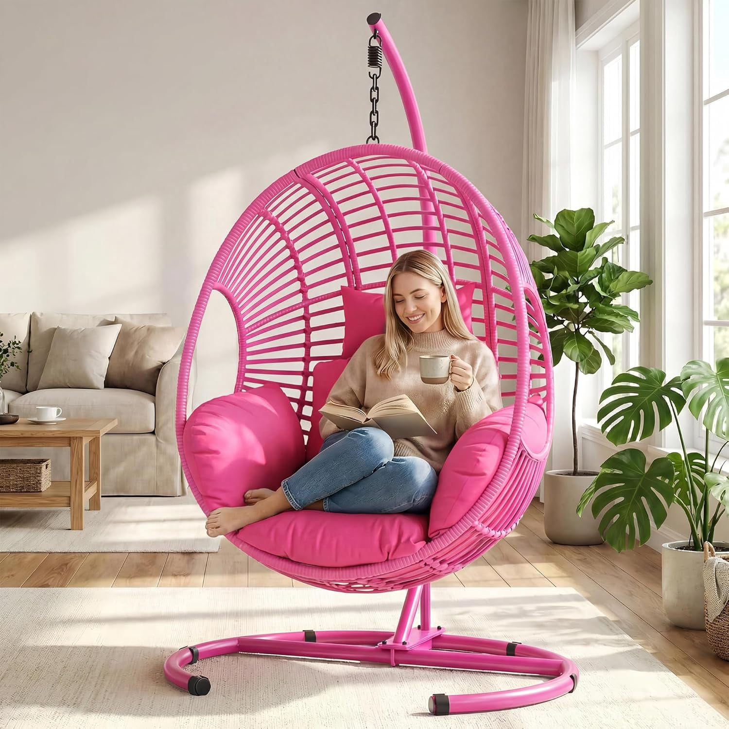 Oversized Hanging Egg Chair Outdoor Indoor, Wicker Swing Egg Chair with Stand  Rain Cover UV Resistant Cushion 400lbs Capacity for Bedroom, Patio, Garden and Balcony (Pink-Regular)