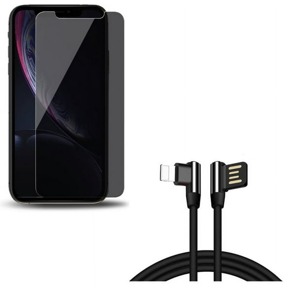 iPhone XS/X - 10ft Angle USB Cable w Tempered Glass Privacy Screen Protector - Charger Cord Power Wire Sync 90 Degree Right Angle, Curved Anti-Spy Anti-Peep 3D Edge Case Friendly