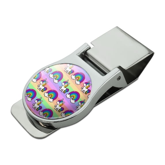Cute Kawaii Rainbow Unicorn Pattern Satin Chrome Plated Metal Money Clip
