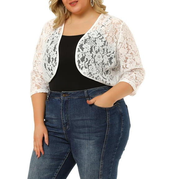 Agnes Orinda Women's Plus Size Elegant Hollow Out 1/2 Sleeve Crop Shrug 4X White