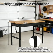 60 Inch Adjustable Workbench with Power Outlet, 2500 LBS Heavy Duty Workbench with Hardwood Top, 6-Level Height Adjustable Garage Work Table with Wheels, Rolling Workstation for Workshop