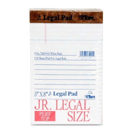 TOPS The Legal Pad Writing Pads, 5" x 8", Jr. Legal Rule, 50 Sheets, 12 Pack