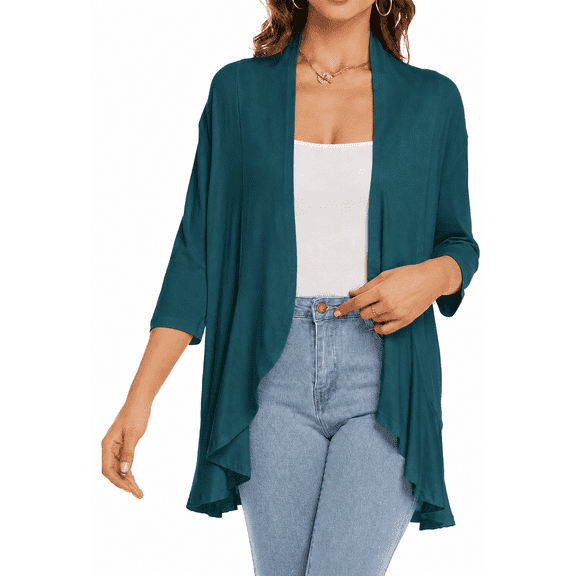 Women's Open Front Cardigan, 3/4 Sleeve Waterfall Ruffle Hem Casual Top