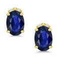 thumbnail image 2 of Gem Stone King 10K Yellow Gold Blue Sapphire and White Diamond Earrings for Women (1.17 Cttw, Gemstone September Birthstone, Oval 7X5MM), 2 of 5