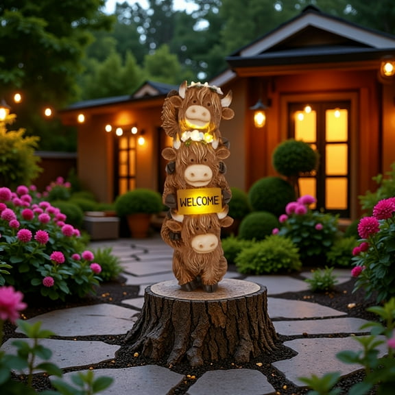 Highland Cow Statue Garden Decor with Glowing Flowers and Welcome Sign Lights, Resin High Mountain Cattle Solar Sculptures for Patio Yard Porch Outdoor Decoration