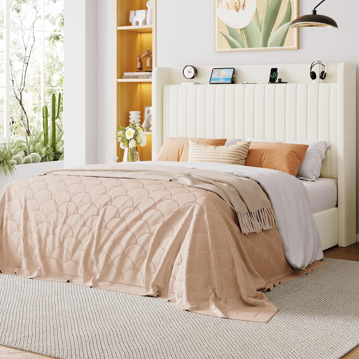 Allewie Full Size Lift Up Storage Bed Frame, Storage Shelf Headboard with Charging Station, Type-C and USB Ports, Hydraulic Support, Velvet Upholstered Bed Frame, No Box Spring Needed, Cream White