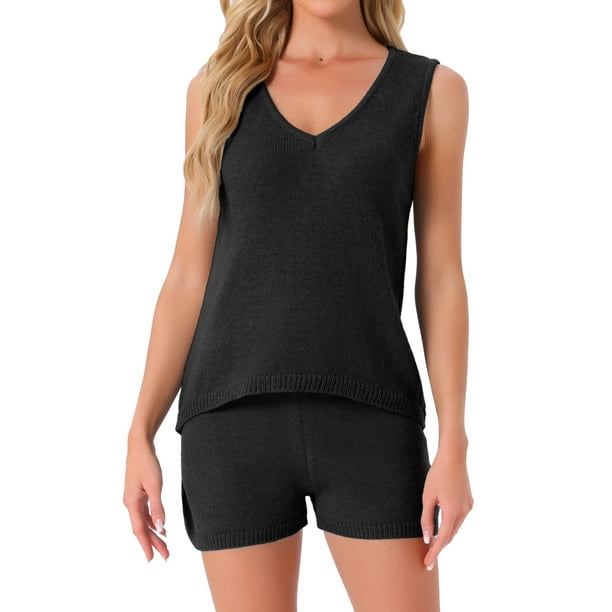 Conjunto de lounge para mujer INSPIRE CHIC Pjs Top de tanque y pantalones cortos V cuello de punto Pijama Set L Negro