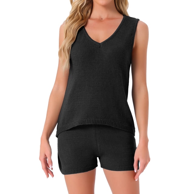 Conjunto de lounge para mujer INSPIRE CHIC Pjs Top de tanque y pantalones cortos V cuello de punto Pijama Set L Negro