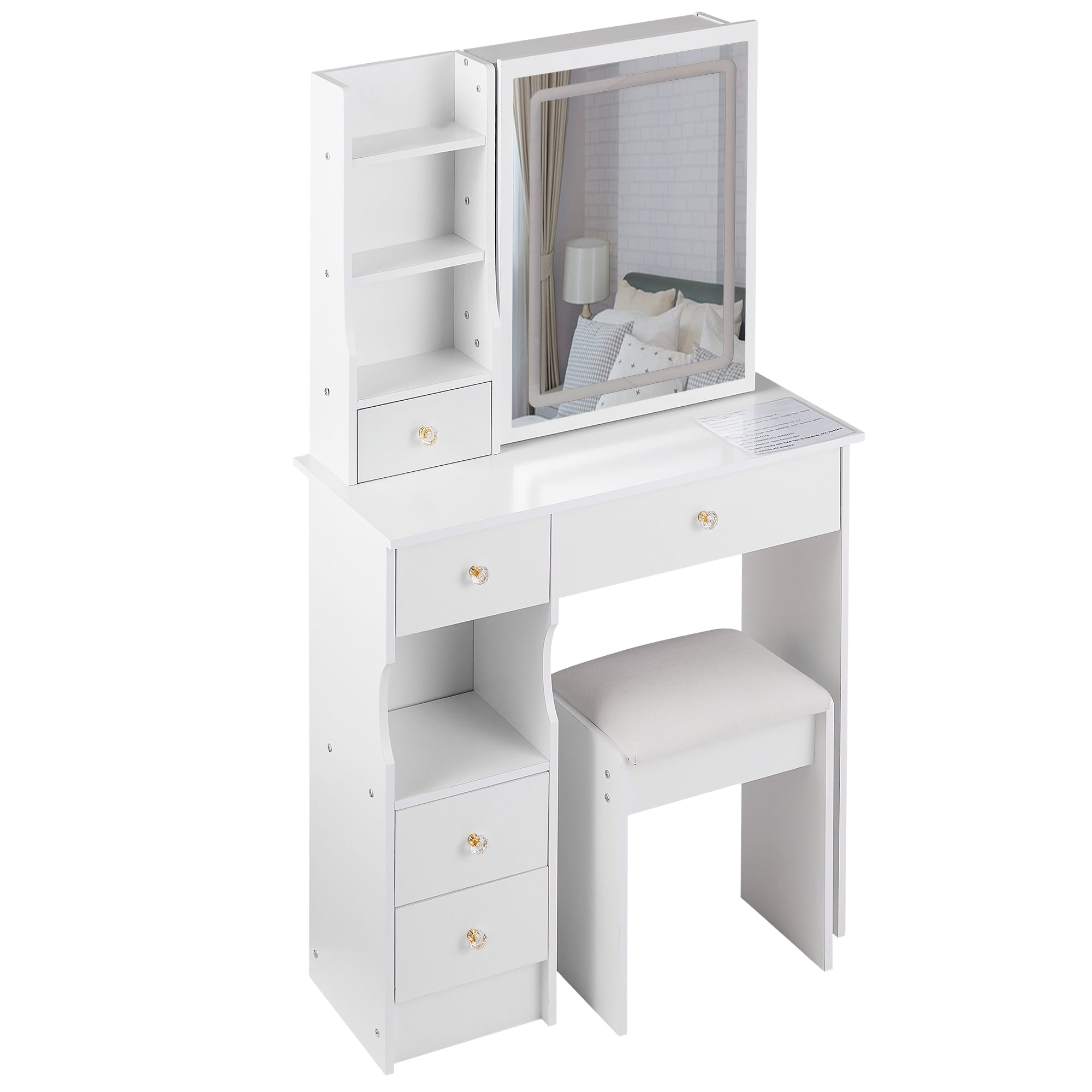 Homy Casa Vanity Desk with LED Lighted Mirror, Makeup Vanity Table with Drawers, Shelves, and Stool