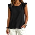 thumbnail image 5 of LIZUOJUN Tank Tops for Women Women's Cotton Linen Blend Flutter Sleeve Tank Top Solid Color Casual Loose Fit Summer Vacation Daily Vest Top,Black,L, 5 of 6