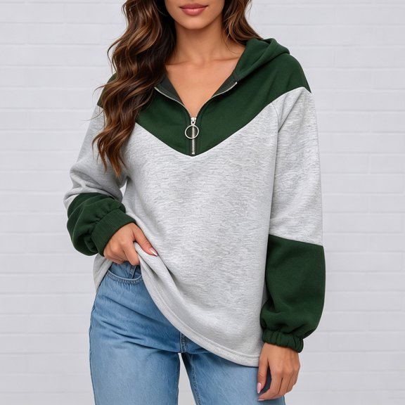 DailyTrove Women Color Block Half Zip Hooded Sweatshirt Long Sleeve Patchwork Loose Casual Pullover
