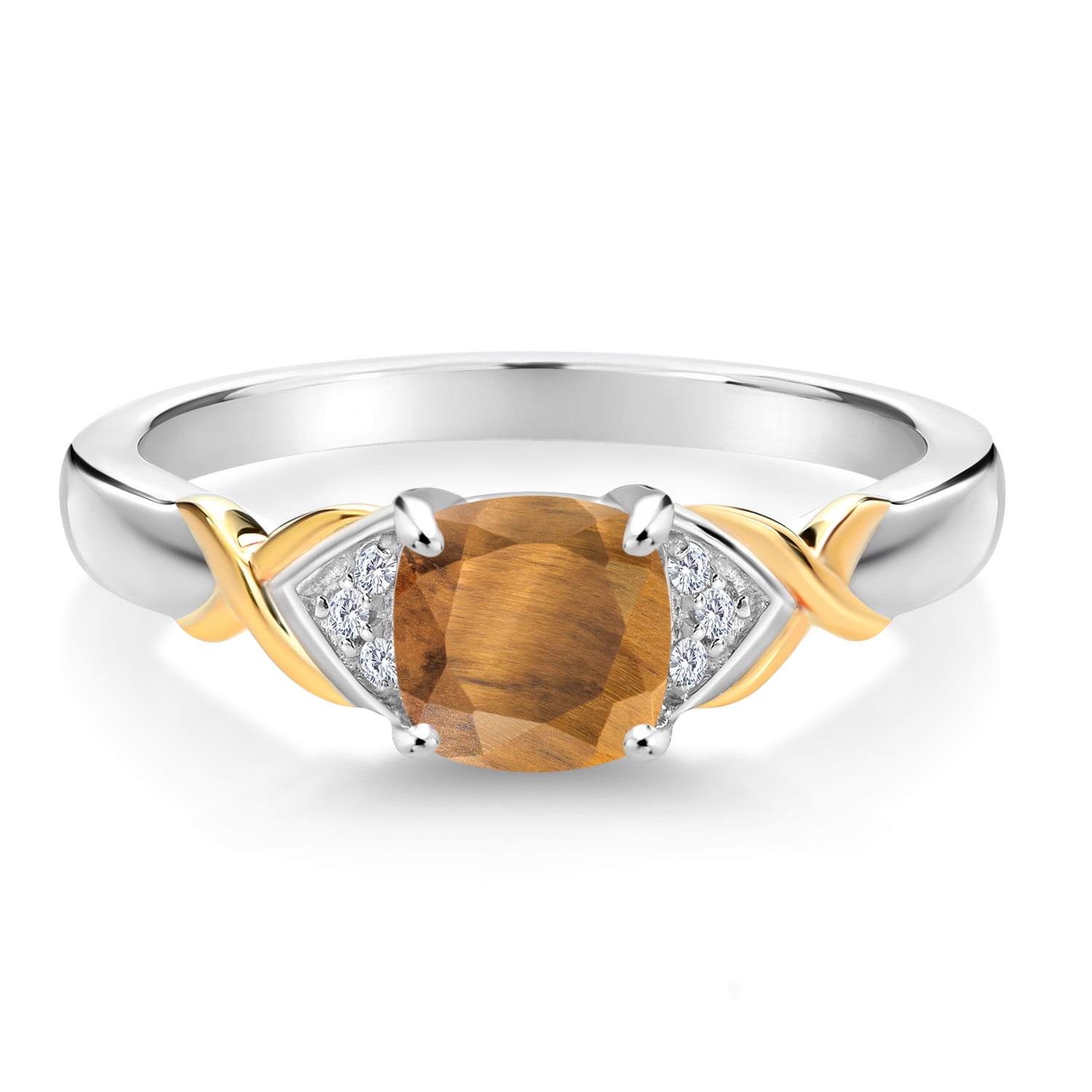 Gem Stone King 925 Silver and 10K Yellow Gold Brown Tiger Eye and White Lab Grown Diamond Engagement Ring for Women (1.03 Cttw, Gemstone Birthstone, Available in Size 5, 6, 7, 8, 9)
