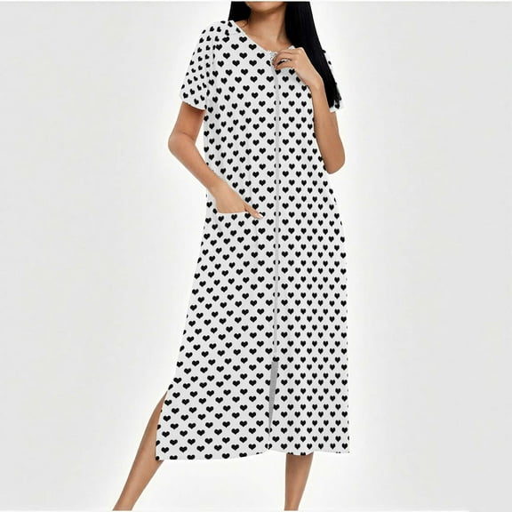Sakmal Zip Up Nightgowns Women Plus Size Night dress with Pockets White Short Sleeve Crew Neck Nightgowns for Women L