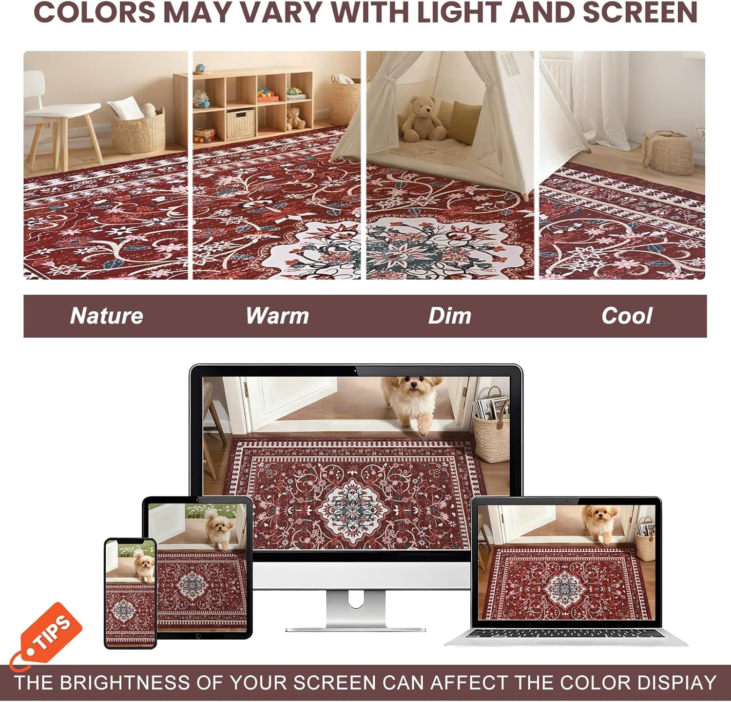 Bleum Cade 8'x10' Area Rugs for Living Room, Washable Rugs Vintage Rugs for Bedroom Dinning Room,Boho Floral Rug Ultra Soft Non Slip Durable Large Carpet Home Decor, Red