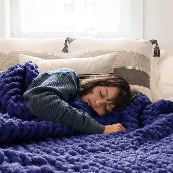 Comtest Chunky Knit Throw Blanket Chenille, Navy, 87"x103"(California King Size)