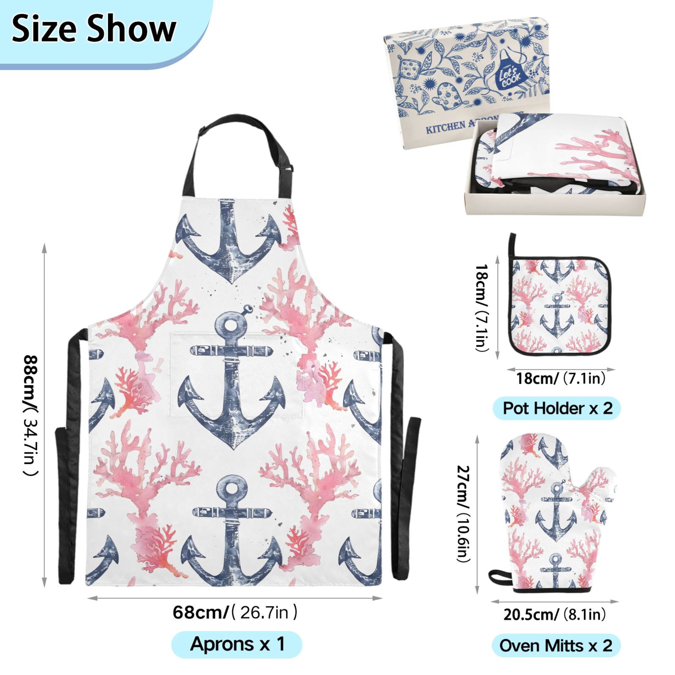 5 Pcs Kitchen Set Heat Resistant Oven Mitts and Non-Slip Pot Holders with Adjustable Cooking Apron Anchor and Coral