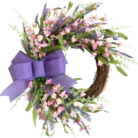 Idyllic 18 Inch Spring Summer Forsythia Lavender Wild Flowers Wreath For Front Door. Rustic And Farmhouse Indoor And Outdoor Artificial Flower Burlap Bow Knot Wreath For Home Decor
