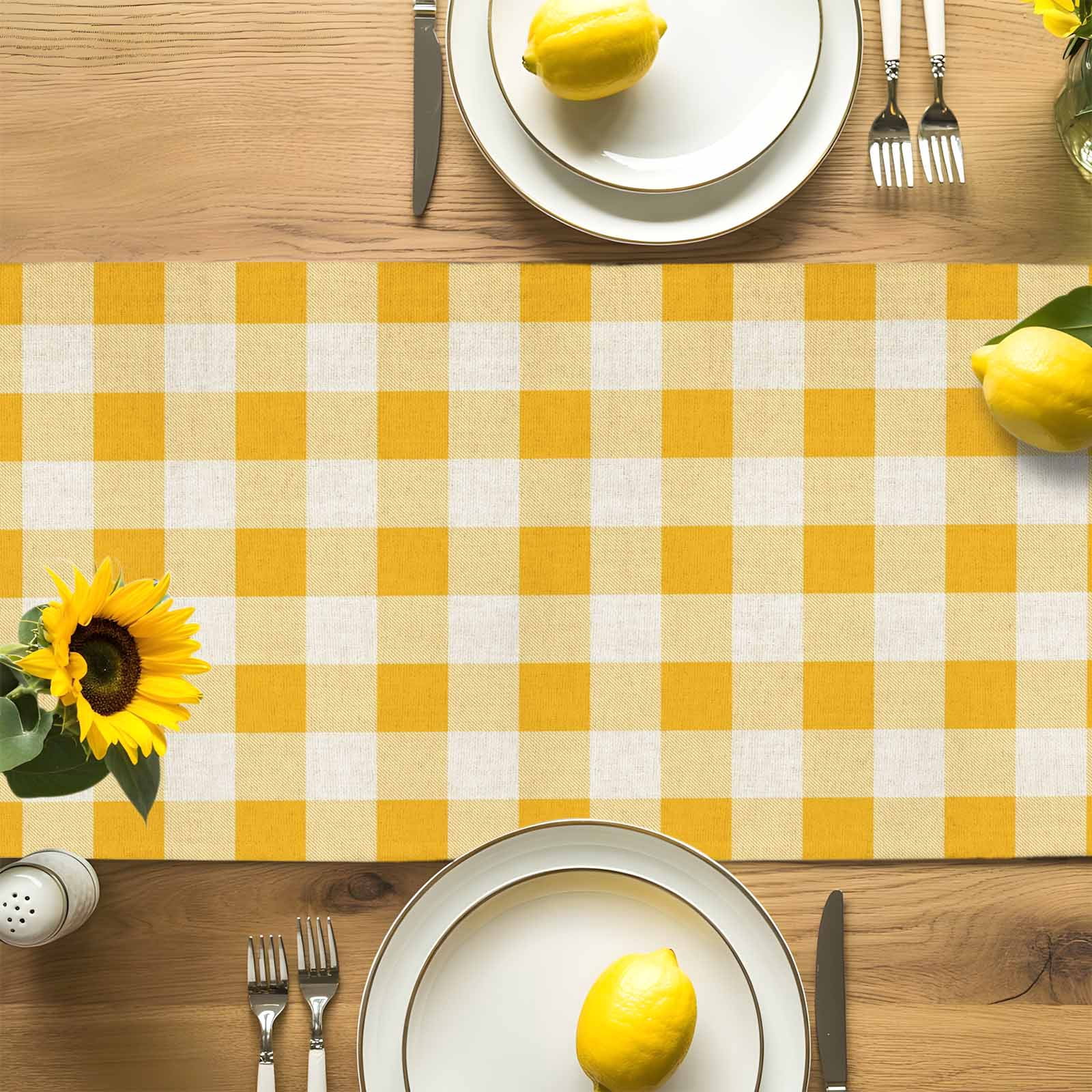 Watercolor Sunflowers Leaves on Retro Table Runner 90 Inches Long, Yellow White Plaid Table Runners Tabletop Scarf Kitchen Dining Tables Decoration for Home Party Indoor Outdoor