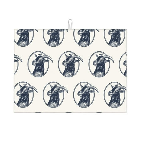 

Large Dish Drying Mats for Kitchen Counter - Black White Hand Drawn Goat Head 18x24In Anti-Slip Absorbent Microfiber Drying Mat for Kitchen Counter Mat Dish Rack Mat with Hanging Loop