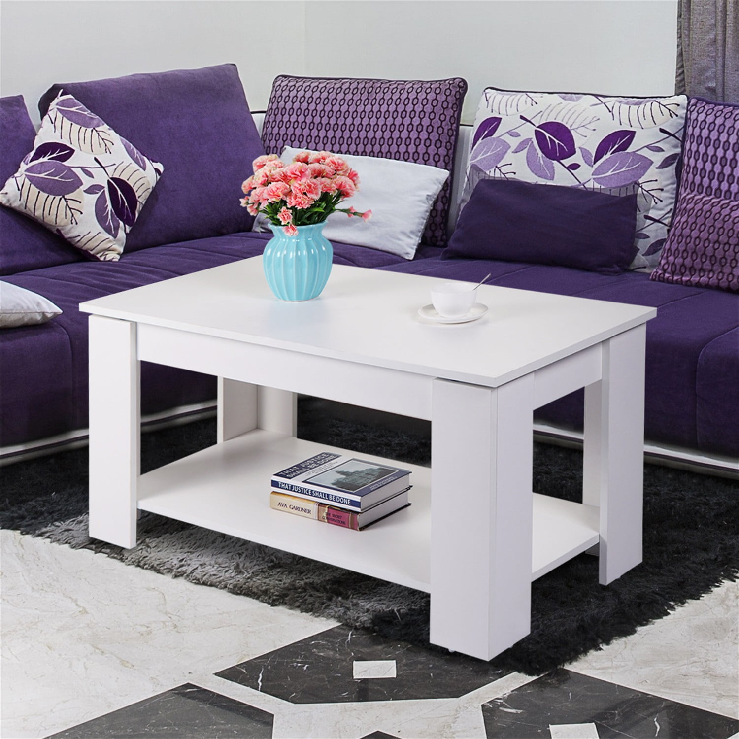 Kadyn Wooden Elevator Top Coffee Table, Mid-century Modern Coffee Table with Hidden Compartments and Open Shelving, Can Be Raised Top Central Coffee Table, White Kadyn Wooden Elevator Top Coffee Table, Mid-century Modern Coffee Table with Hidden Compartments and Open Shelving, Can Be Raised Top Central Coffee Table, White