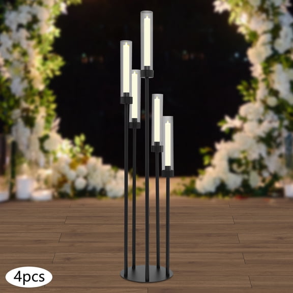 Black 4Pcs 5-Arm Candle Holder, Tall Candelabra Centerpieces for Tables, Floor Standing Metal Candlestick Set with Acrylic Lampshade, for Wedding, Party, Home Decoration