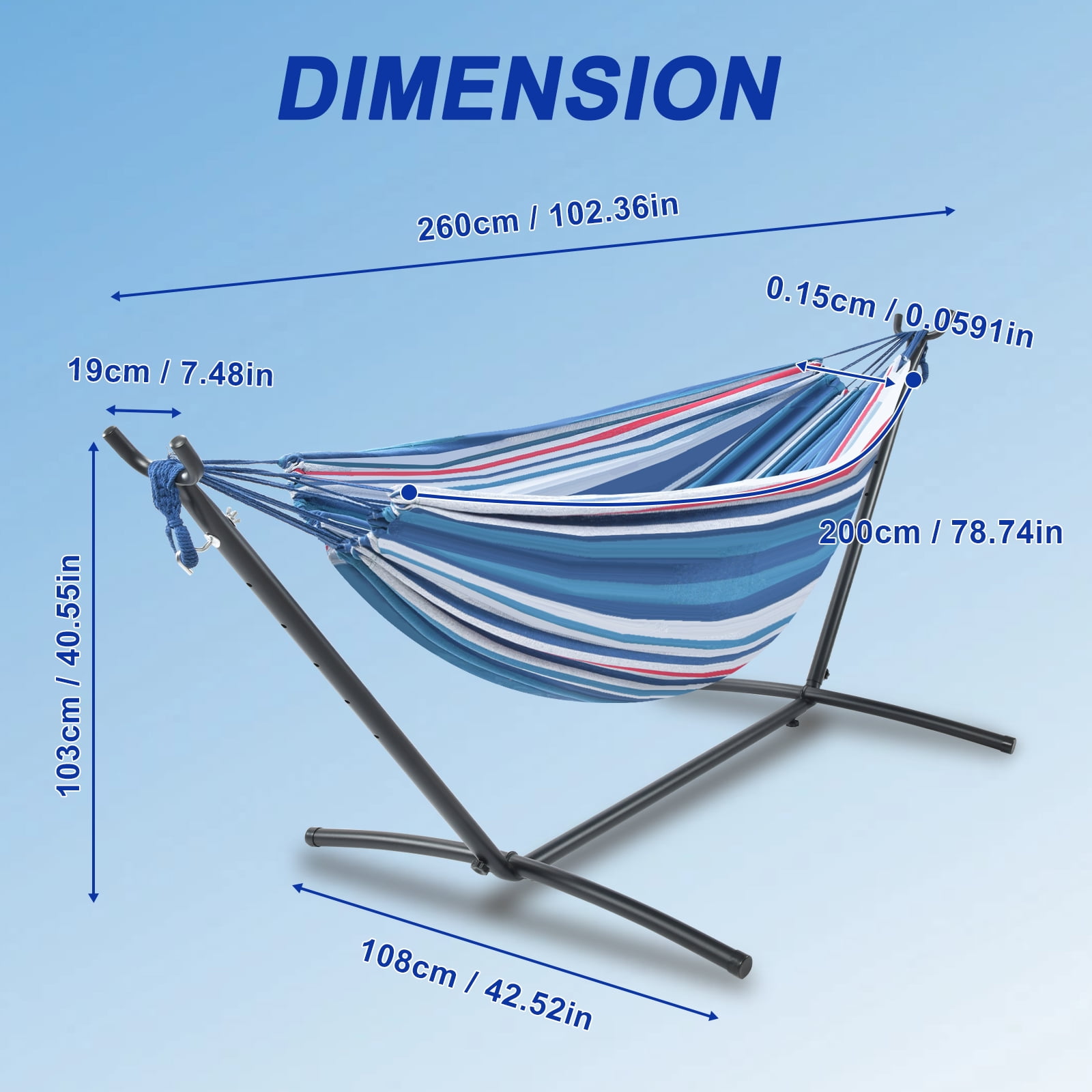 Double Hammock with Stand Sturdy 440lbs Capacity Hammock for Camping Outside Garden Outdoor Indoor Patio Backyard, Blue