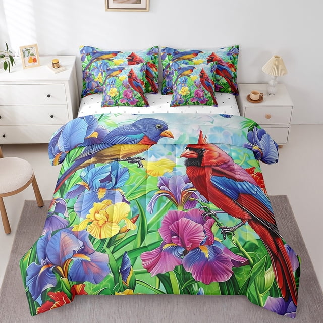 7 Piece Cardinal Bird Comforter Set Hummingbird Floral Bedding Set King Rustic Iris Flowers Bed In A Bag Country Farmhouse Bedding Set With Comforter, Sheets, Pillowcase & Covers