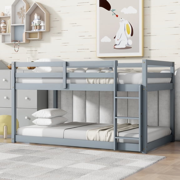 Leumius Twin over Twin Floor Bunk Bed with Ladder ,Upper and Bottom Bed Platforms Crafted with Strengthened Slats for Boys Girls Grey