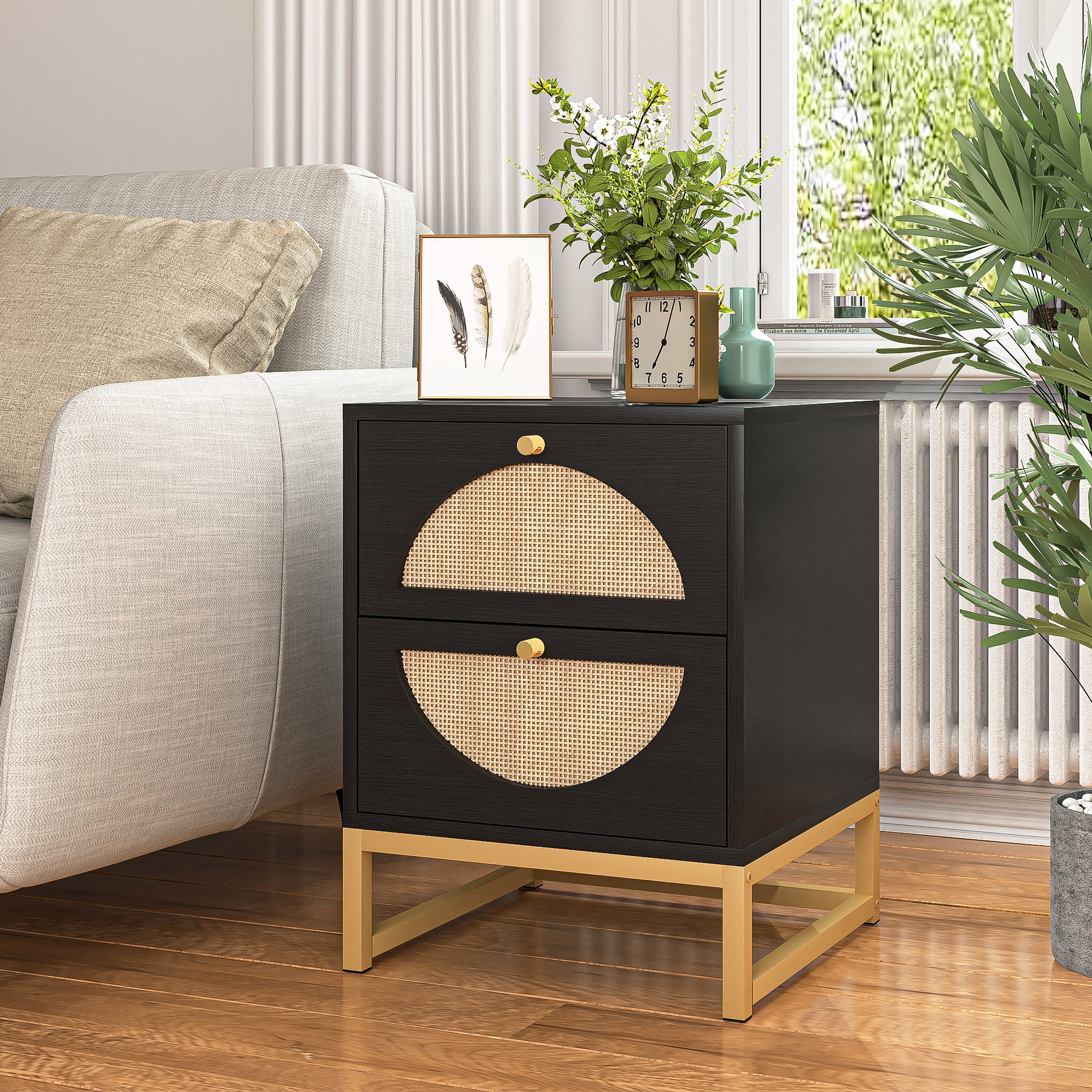 YYAo Single Nightstand, Bedside End Table with 2 Natural Rattan Drawer & Metal Legs, Side Table for Bedroom and Living Room, Black YYAo Single Nightstand, Bedside End Table with 2 Natural Rattan Drawer & Metal Legs, Side Table for Bedroom and Living Room, Black