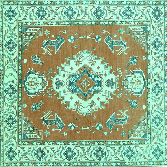Ahgly Company Machine Washable Indoor Square Medallion Turquoise Blue Traditional Area Rugs, 5' Square