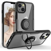 iPhone 13 Case,Full Body Heavy Duty Crystal Clear Protective Anti-Scratch Shockproof Case [Work with Magnetic Car Mount] with Rotation Ring Holder Stand for iPhone 13,Black
