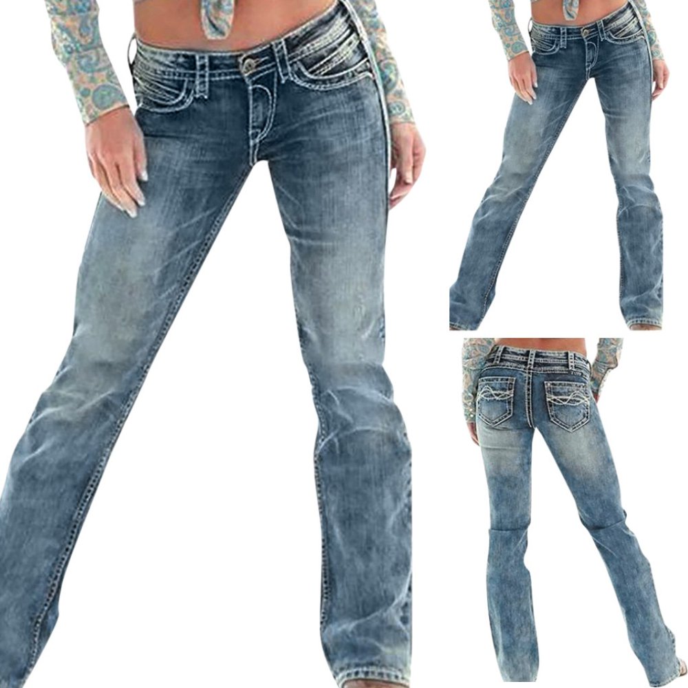 Women Mid Waisted Skinny Denim Jeans Pocket Stretch Slim Button Pants