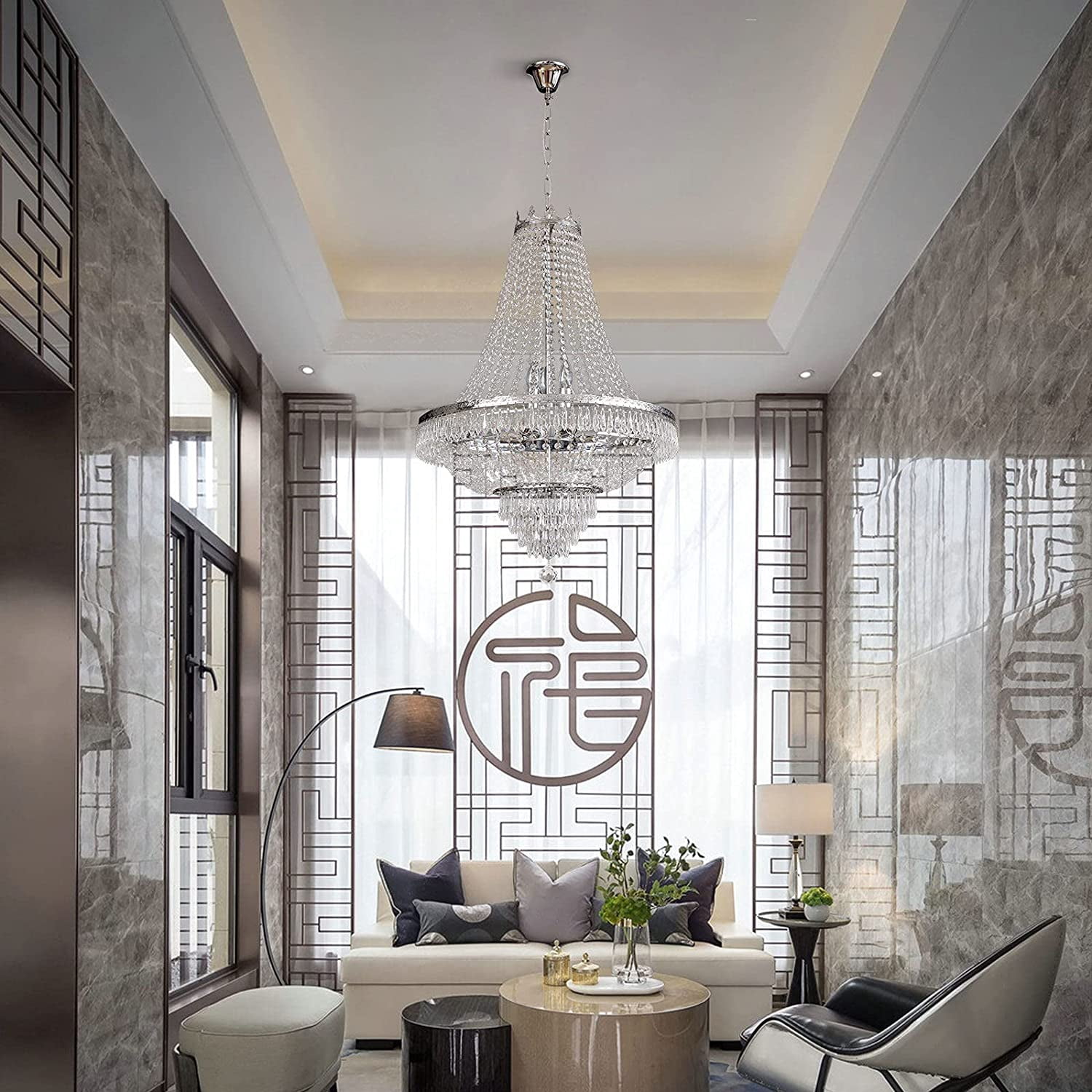 DENEST Modern French Empire Silver Electric Adjustable Crystal Pendant Chandelier