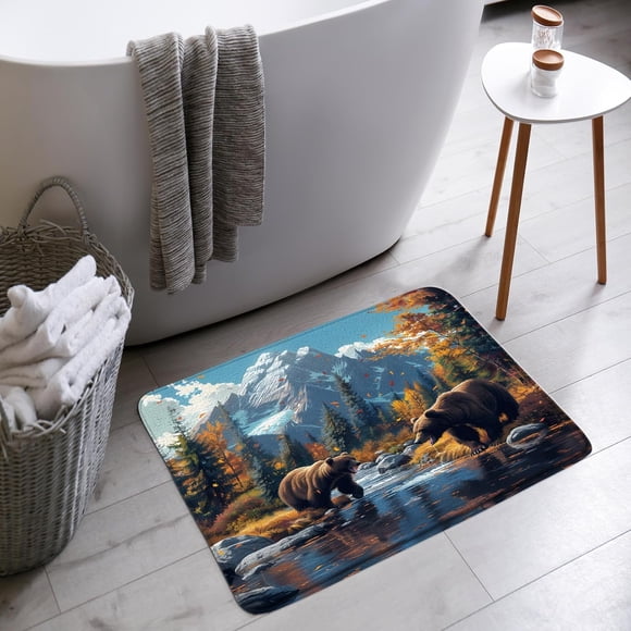 YSATNSFT Bear Bath Mat Fall Forest Rustic Cabin Farmhouse Country Lodge River Mountain Nature Scenic Bathroom Bathtub Floor Rugs Doormat Toilet Decor,24 x 36 in