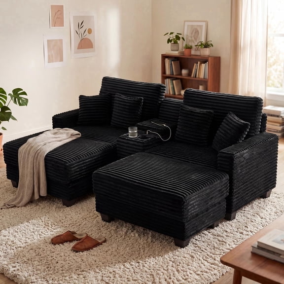 Wiilayok U Shaped Sectional Sofa Couch,Convertible Modular Cloud Sofa Set with Ottoman,Central Console,Cup Holder, Adjustable Backrest for Living Room,Black