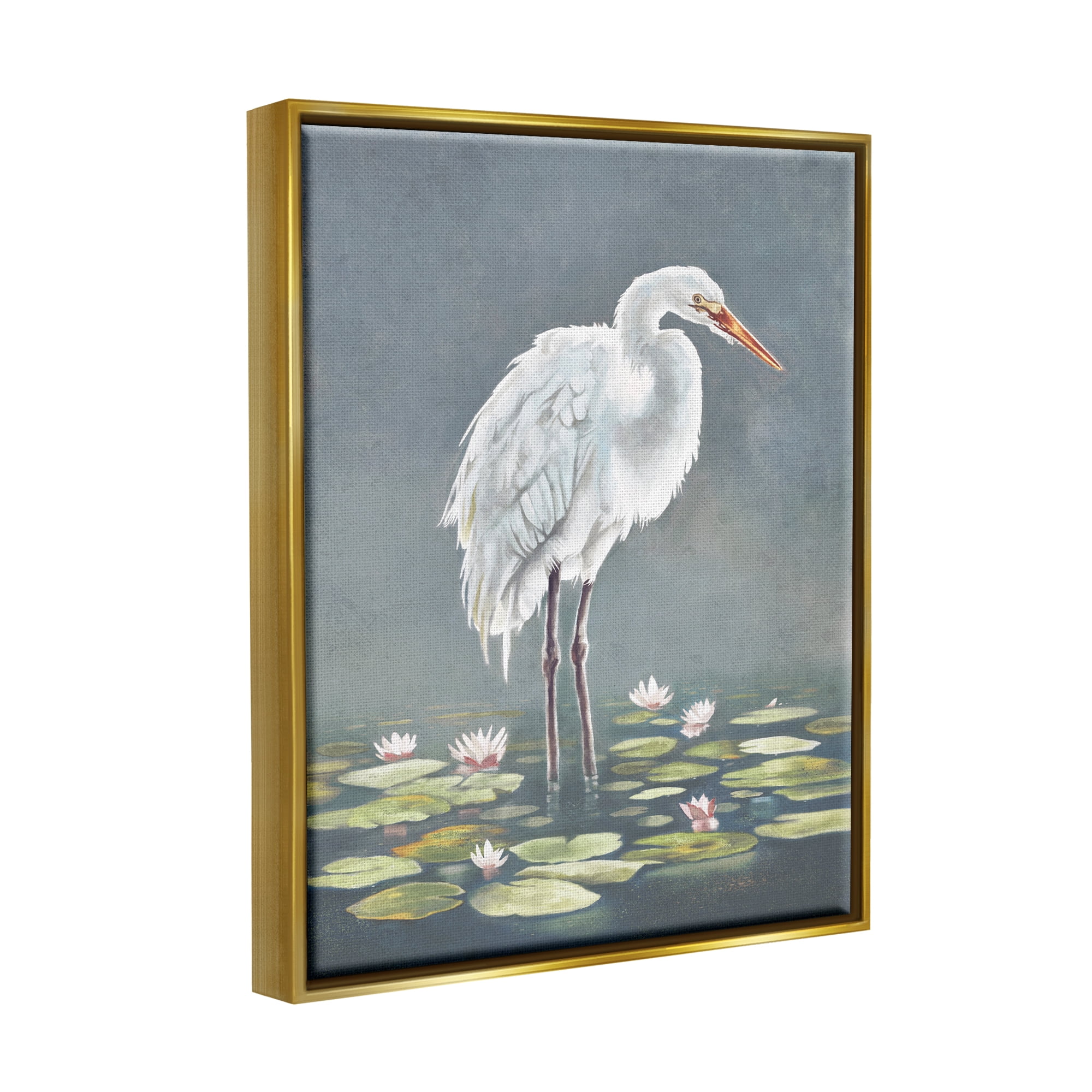 Stupell Industries White Heron & Pond Lilies Animals & Insects Painting Gold Floater Framed Canvas Art Print Wall Art, 17 x 21