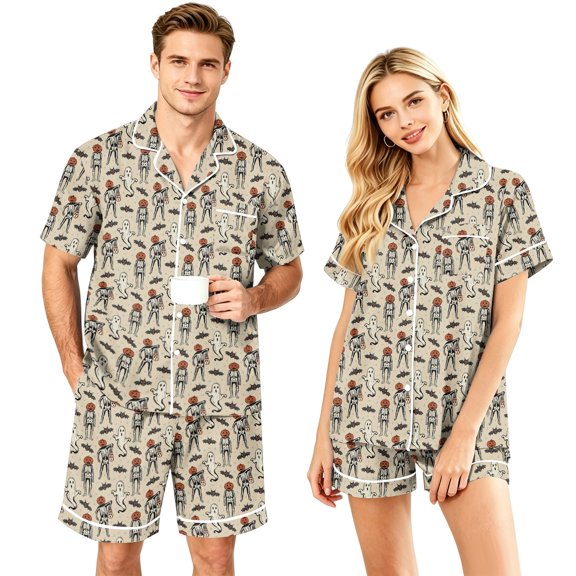 Couples Pajama Sets Matching Halloween 2 Piece Short Sleeve Button Down Pjs Soft Lightweight Sleepwear Loungewear for Her Him with Allover Graphic Print Beige L