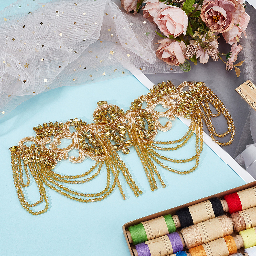 1Pc Cloth Embroidery Cloth Iron On/Sew On Patches Costume Accessories Appliques Flower Gold 160x330x5mm