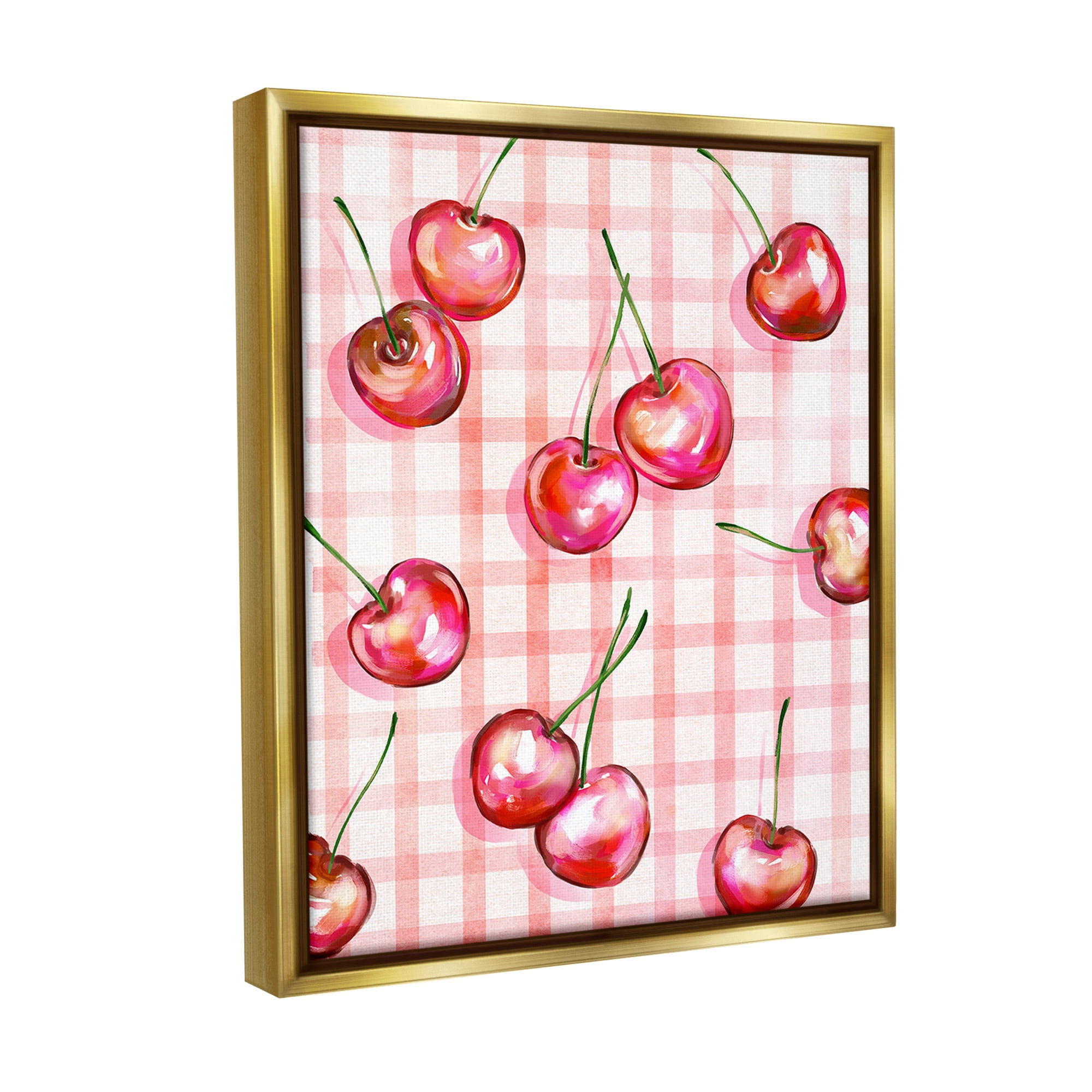Stupell Industries Gingham Pattern Cherries Food & Beverage Painting Gold Floater Framed Canvas Art Print Wall Art, 17 x 21