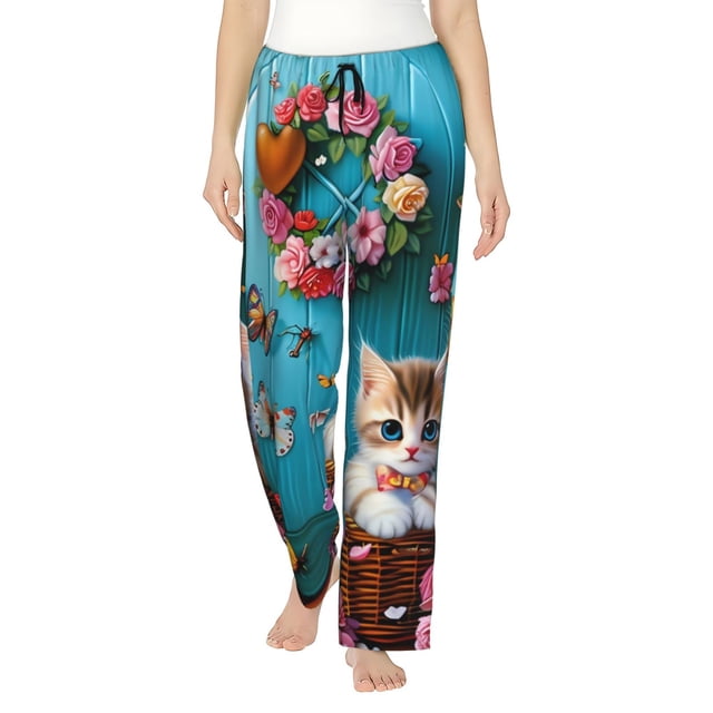 Fotbe Whimsical Cats and Flowers Scene Pantalones de Pijama para Mujer, Pantalones de Dormir, Pantalones Pj con Cordón y Bolsillos-Medium