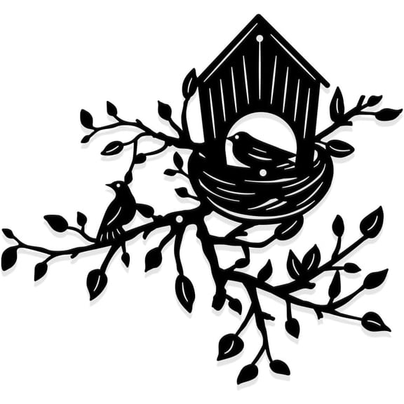 Birds on Branch Wall Decor Black Metal Wall Art Tree with Birdhouse Art Hanging Rustic Outdoor Decor for Living Room Garden Bedroom Black