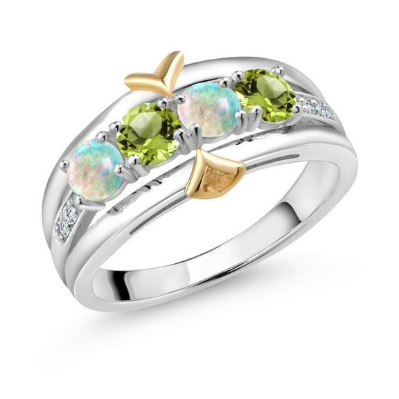 Gem Stone King 1.15 Ct Round Cabochon White Simulated Opal Green Peridot 925 Silver and 10K Yellow Gold 4-Stone Lab Grown Diamond Band Ring (Size 6)