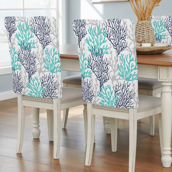 Navy Blue Teal Grey Coral Coastal Chair Back Covers, Removable Chair Covers for Dining Chairs Set of 6, Washable Chairs Slipcovers Back Seat Protector for Wedding Party 19"x20"