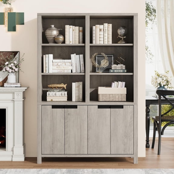 70inch Tall Bookshelf w/Doors Adjustable Shelf 5-Tier Wide Bookcase with Cabinet and Double Storage Wooden Book Shelf Farmhouse Bookcase for Living Room Office Library-Grey